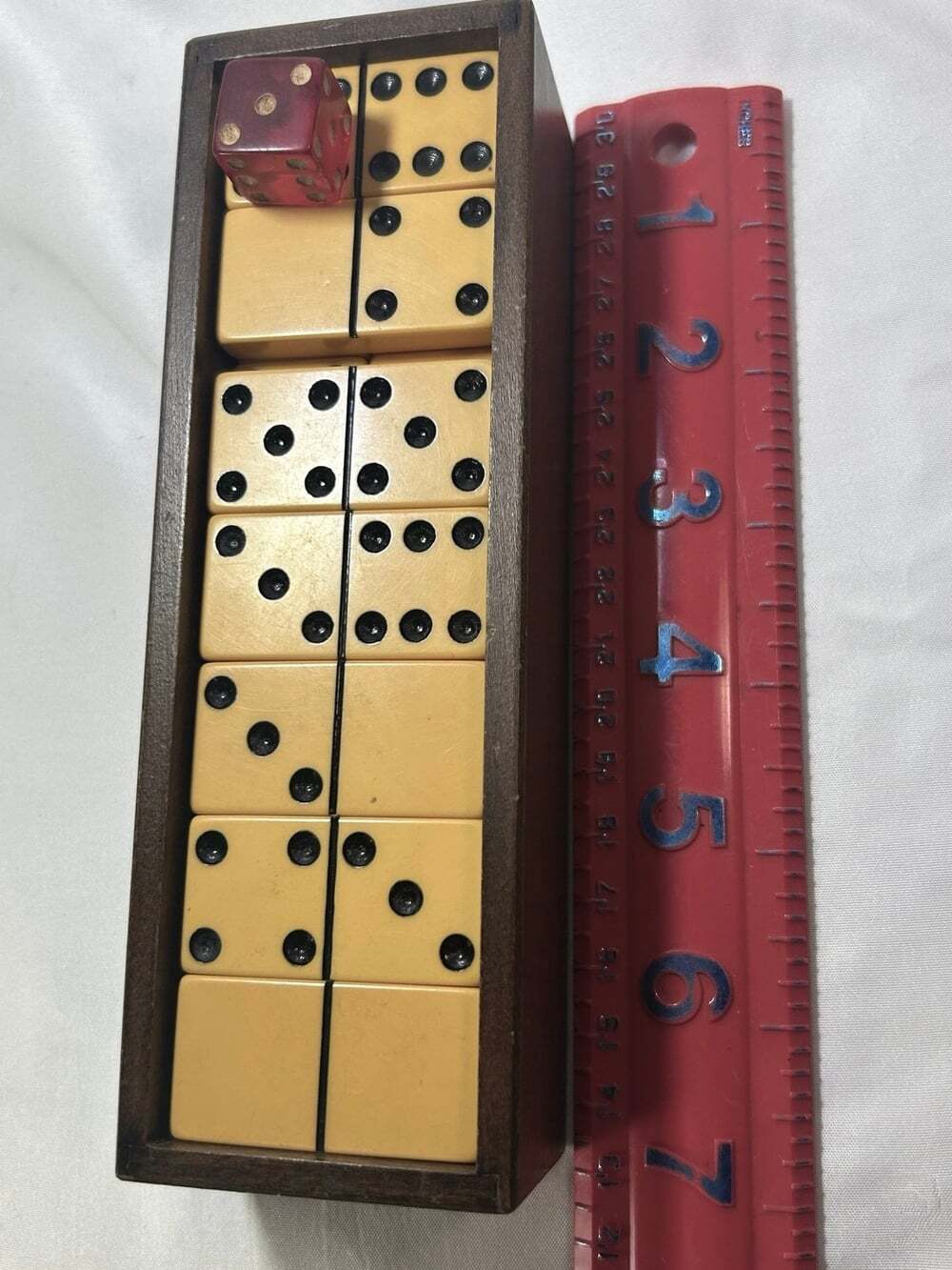 Vintage Dominoes Set with Wooden Box and red die